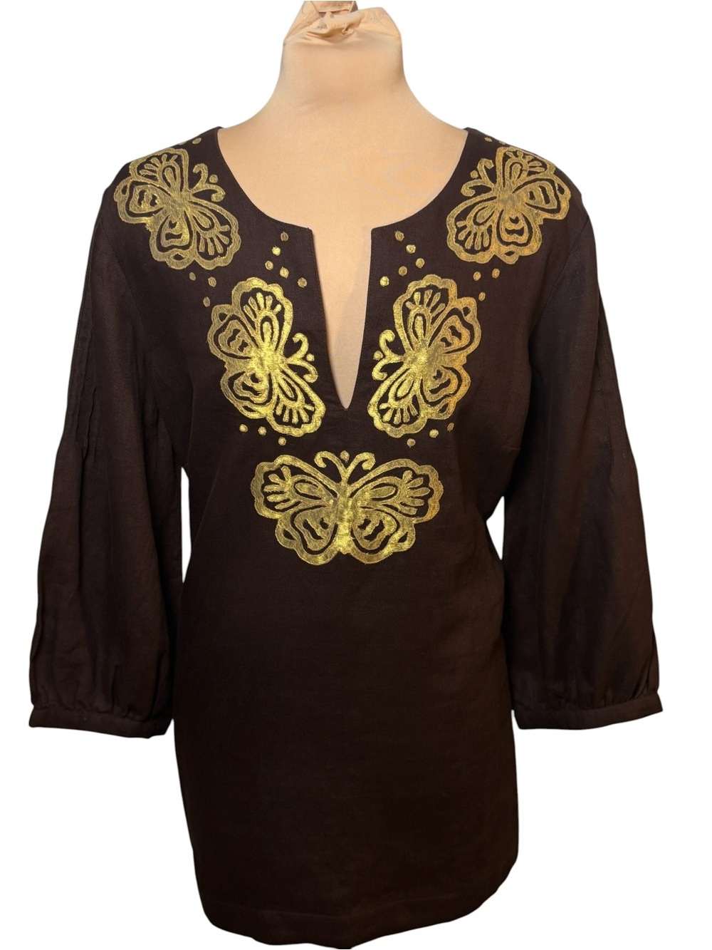 Lilly Pulitzer Chocolate Brown Linen Tunic Gold Butterfly Embroidered Blouse XL